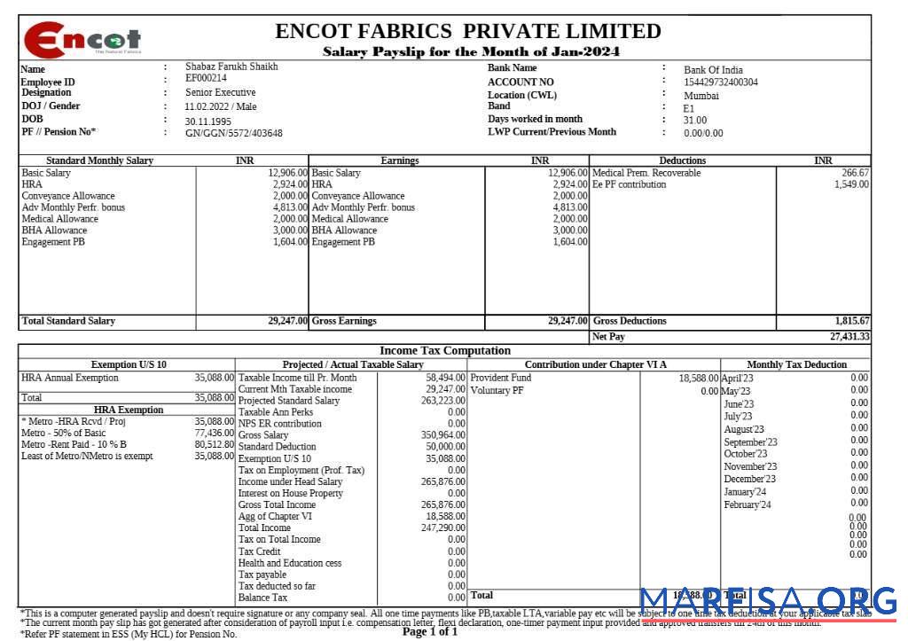 Printable Encot Fabrics corporate office payslip download for verification